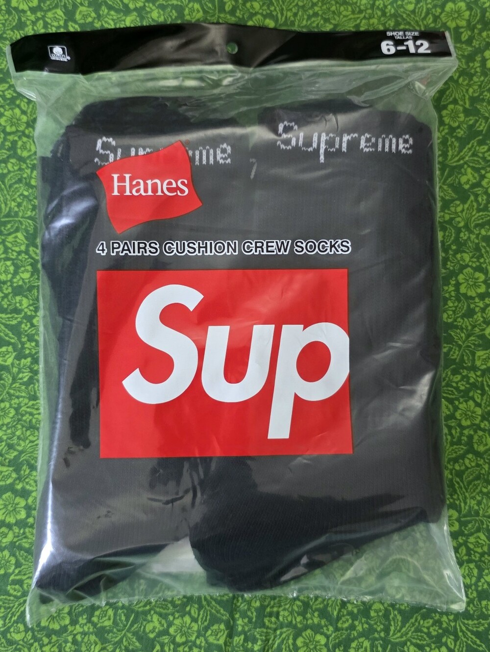 Hanes Black Crew Socks 4-Pack with White Supreme Logo